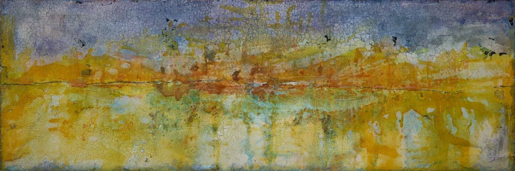 Abstraktes Kunstwerk „SUNDANCE“ aus der Serie Sonnenzyklus, abstrakte Naturmalerei mit reinen Pigmenten und plastischer Oberfläche, Format 150 × 50 cm