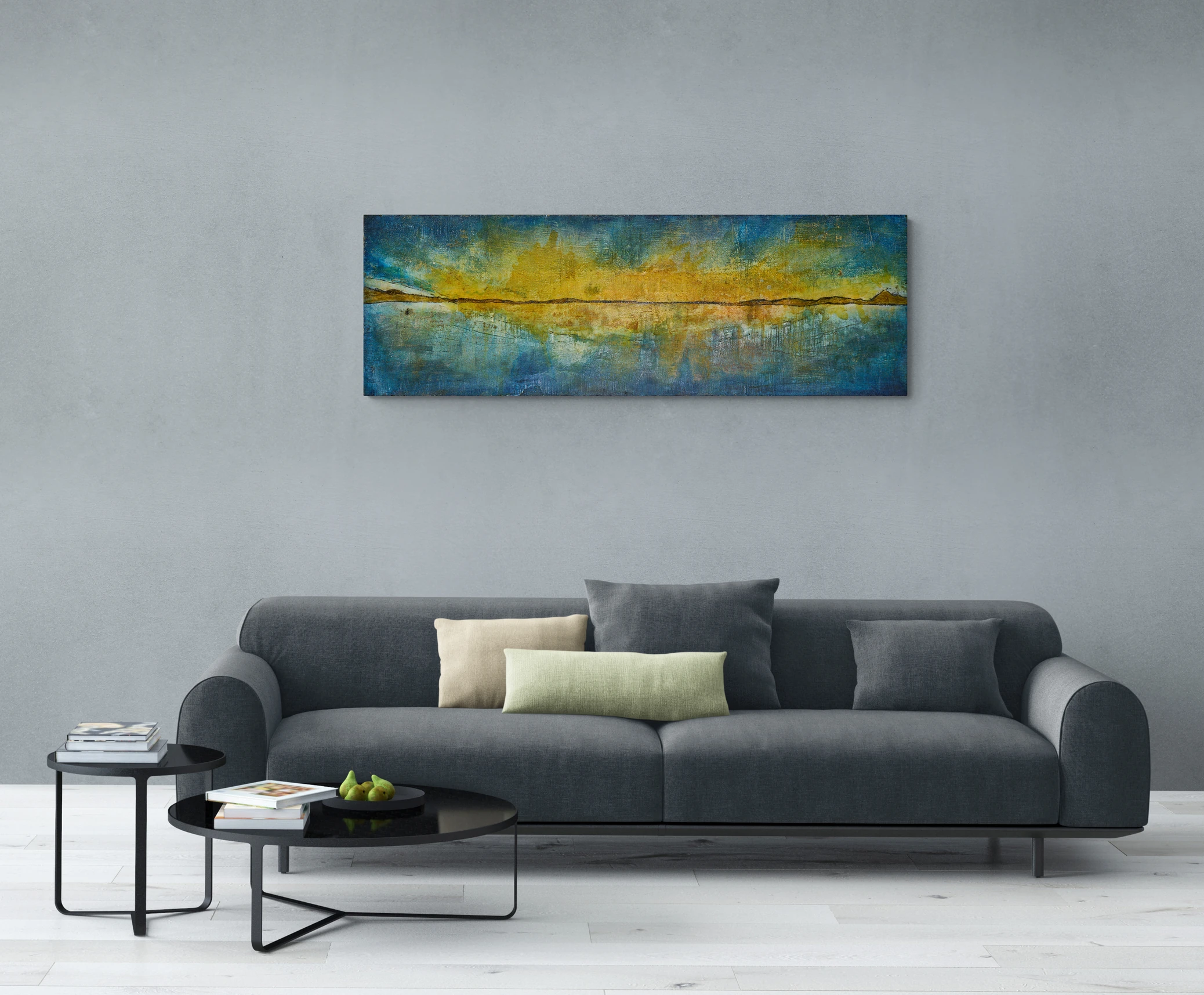 Abstrakte Malerei Sonnenzyklus Sundown im Raum über Sofa Pigment auf Aluminium Farbraum