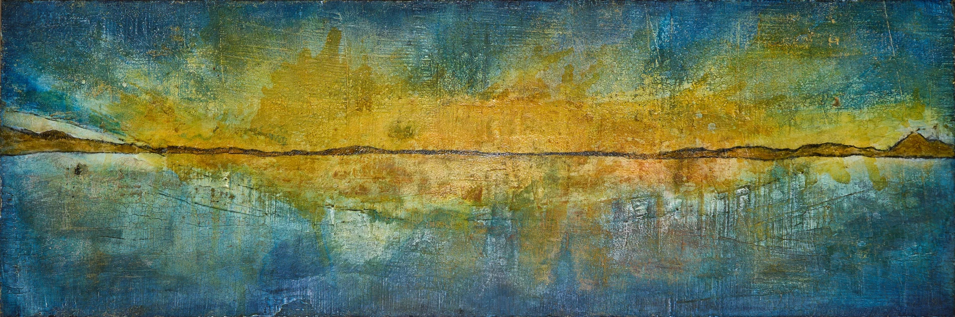Abstraktes Kunstwerk „SUNDOWN“ aus der Serie Sonnenzyklus, abstrakte Naturmalerei mit ruhiger, tief wirkender Oberflächenstruktur, Format 150 × 50 cm