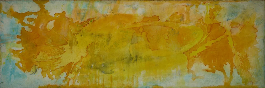 Abstraktes Kunstwerk „SUNFISH“ aus der Serie Sonnenzyklus, abstrakte Naturmalerei mit spielerischer Bewegung und klaren Farbakzenten, Format 150 × 50 cm