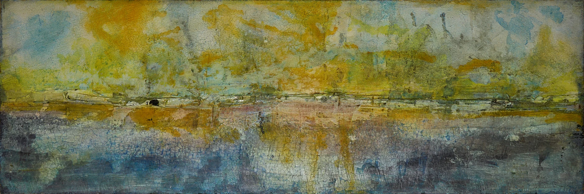 Abstraktes Kunstwerk „SUNKISS“ aus der Serie Sonnenzyklus, abstrakte Naturmalerei mit warmen Farbräumen und lebendiger Pigmentstruktur, Format 150 × 50 cm