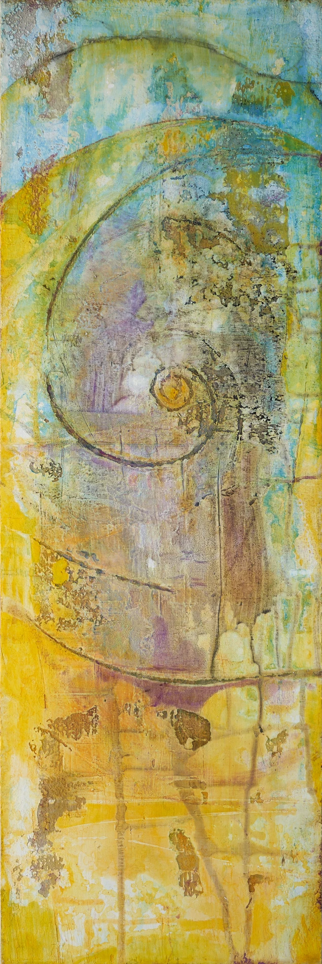 Abstrakte Naturmalerei „Erinnerung der Rose“ aus der Serie Duftsphären, gelbe Rosenform in leuchtenden Pigmenten, 50 × 150 cm, Pigment auf ALUboard