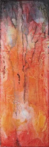Abstrakte Naturmalerei „Feuer der Tulpe“ aus der Serie Duftsphären, rote Tulpenform mit intensiven Pigmenten und dunklen Linien, 50 × 150 cm, Pigment auf ALUboard