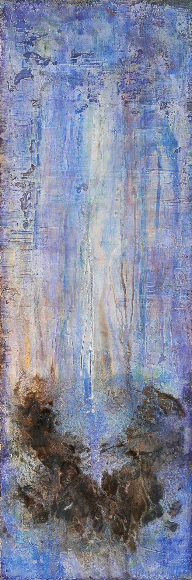 Abstrakte Malerei Duftsphäre Blau – Hibiskus im Haar Pigment auf Aluminium 50x150 cm