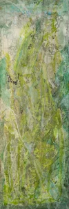 Abstrakte Naturmalerei „Zwischen den Halmen“ aus der Serie Duftsphären, hellgrüne Pigmentstrukturen mit leichten Texturen, 50 × 150 cm, Pigment auf ALUboard