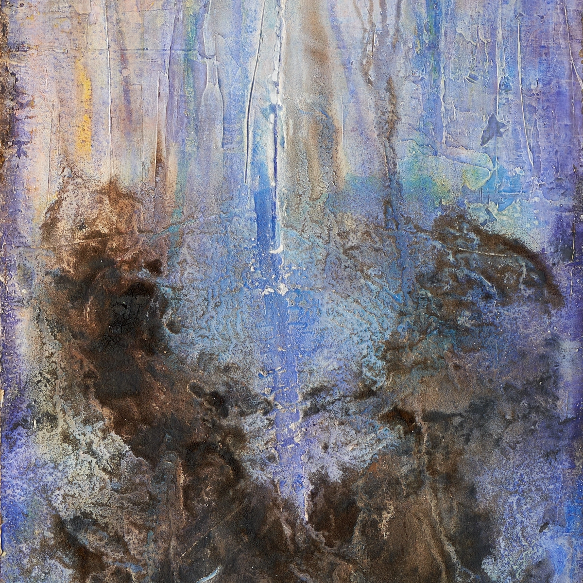 Duftsphäre „Hibiskus im Haar“, abstrakte Naturmalerei auf Aluminium, 50 × 150 cm, fließende Farbverläufe zwischen Blau-, Türkis- und Violetttönen mit atmosphärischer Tiefenwirkung.